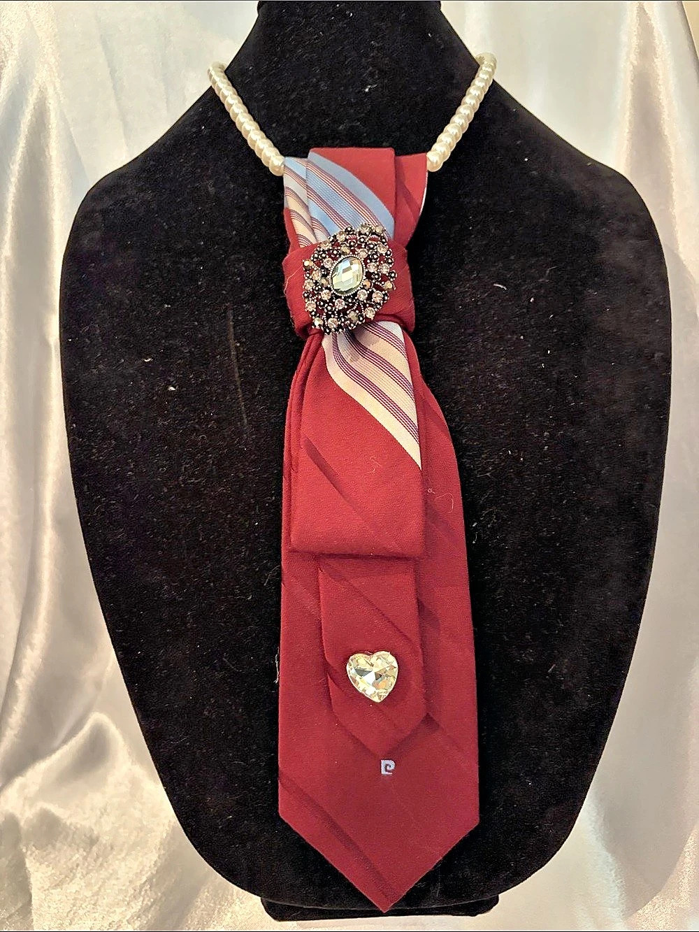 Vintage Pierre Cardin Striped Embellished Tie in Burgundy & Blue